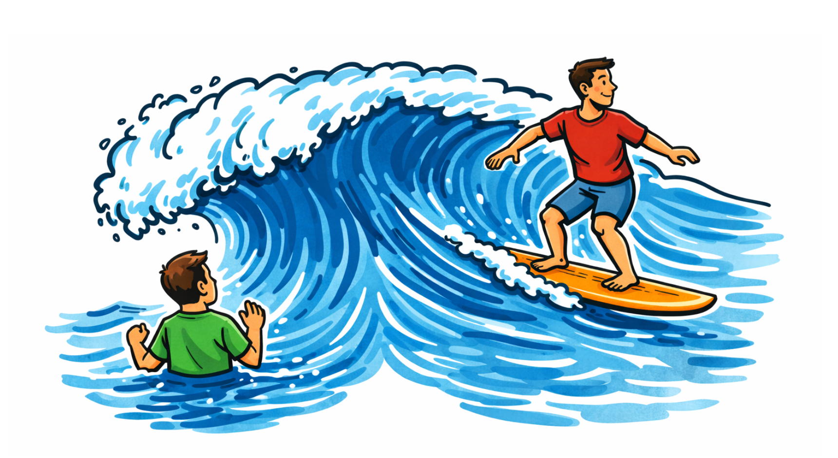 One person in the water, another riding the wave. 